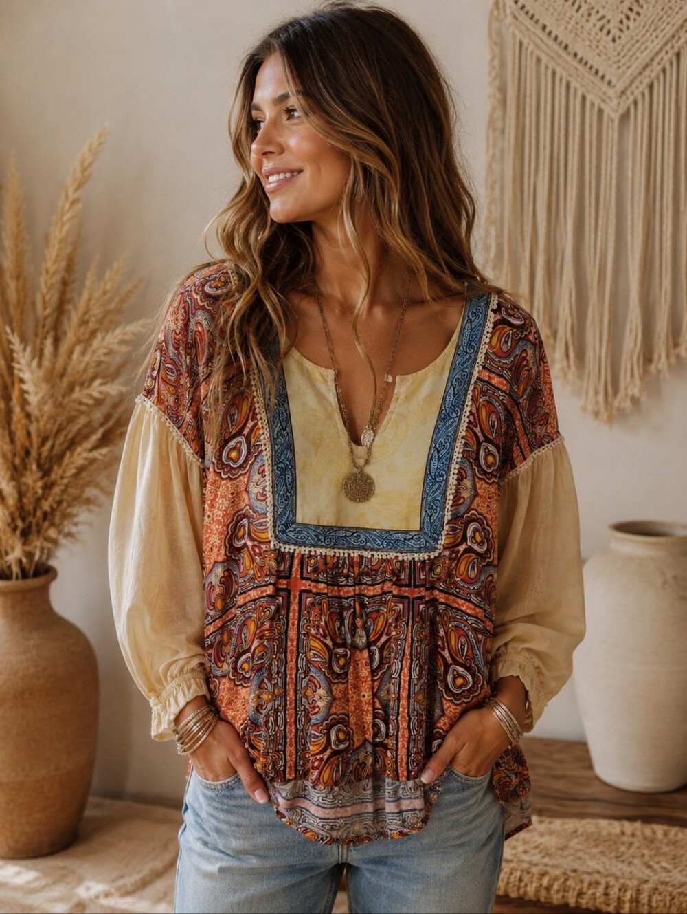 358.Cousin Earl Bohemian Paisley Patchwork Peasant Top - Beige & Rust